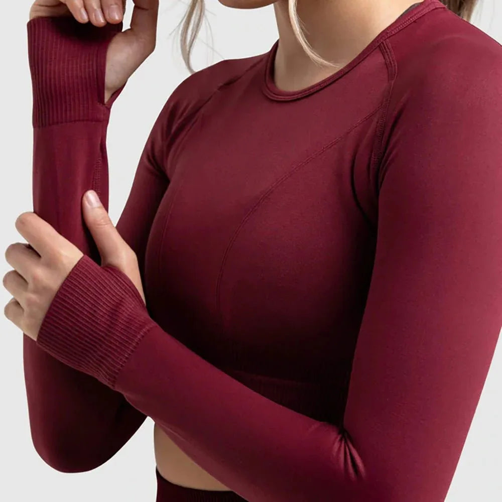 Seamless Sports Bra Set with Peach Hip Trousers – Super Stretch Long Sleeve Yoga Outfit S, M, L - Allen-Fitness