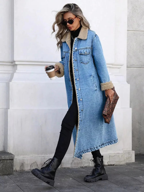 Sherpa Lined Longline Denim Jacket – Women's Cosy Longline Coat XS–L