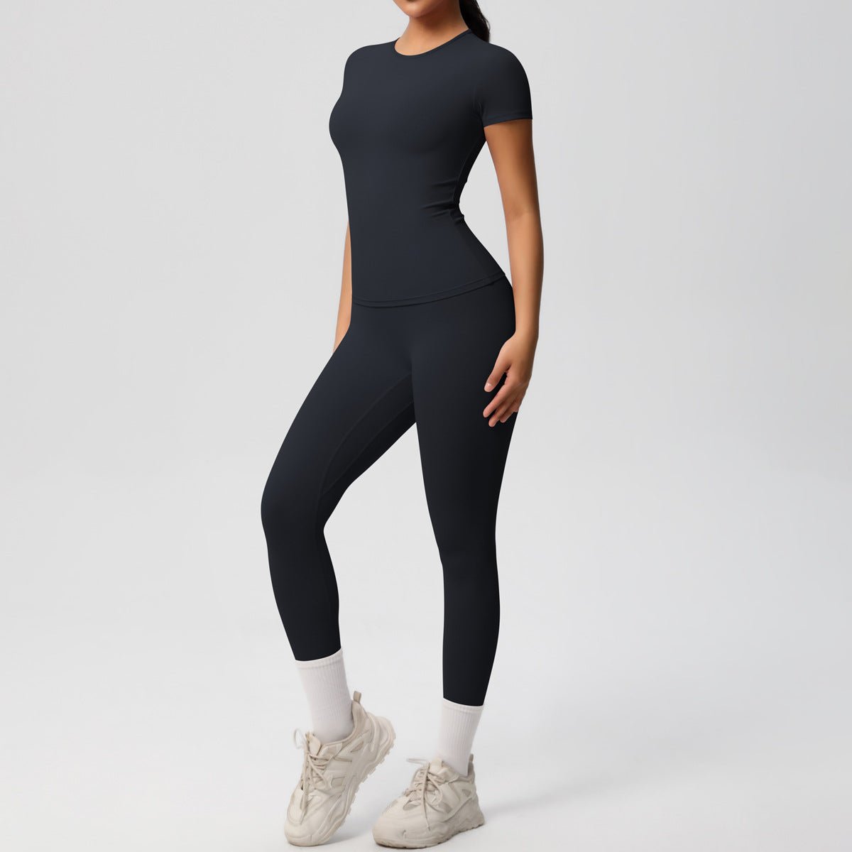 Skin - friendly Sports Set - European and American Style, Solid Color T-shirt, Stretchable Yoga Pants, High Waist Workout Suit for Women - Allen - Fitness