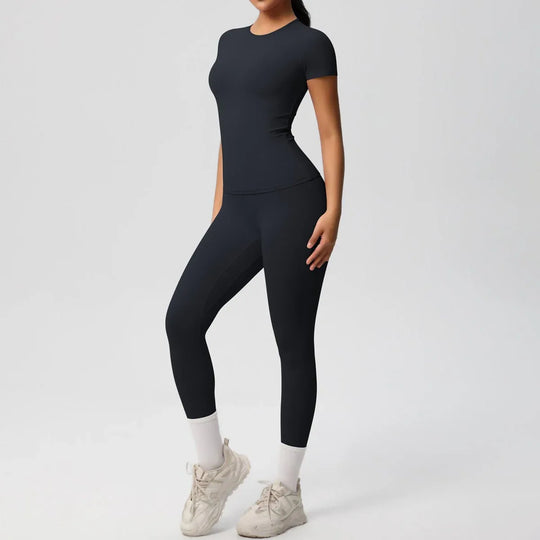 Skin-friendly Sports Set - European and American Style, Solid Color T-shirt, Stretchable Yoga Pants, High Waist Workout Suit for Women - Allen-Fitness