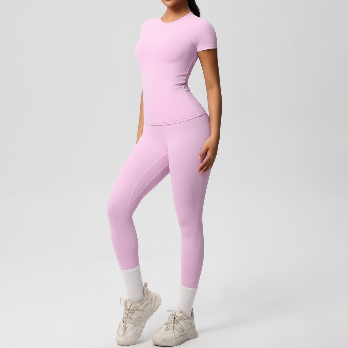 Skin - friendly Sports Set - European and American Style, Solid Color T-shirt, Stretchable Yoga Pants, High Waist Workout Suit for Women - Allen - Fitness