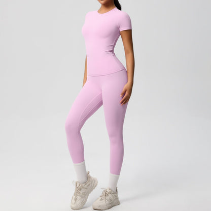 Skin - friendly Sports Set - European and American Style, Solid Color T-shirt, Stretchable Yoga Pants, High Waist Workout Suit for Women - Allen - Fitness