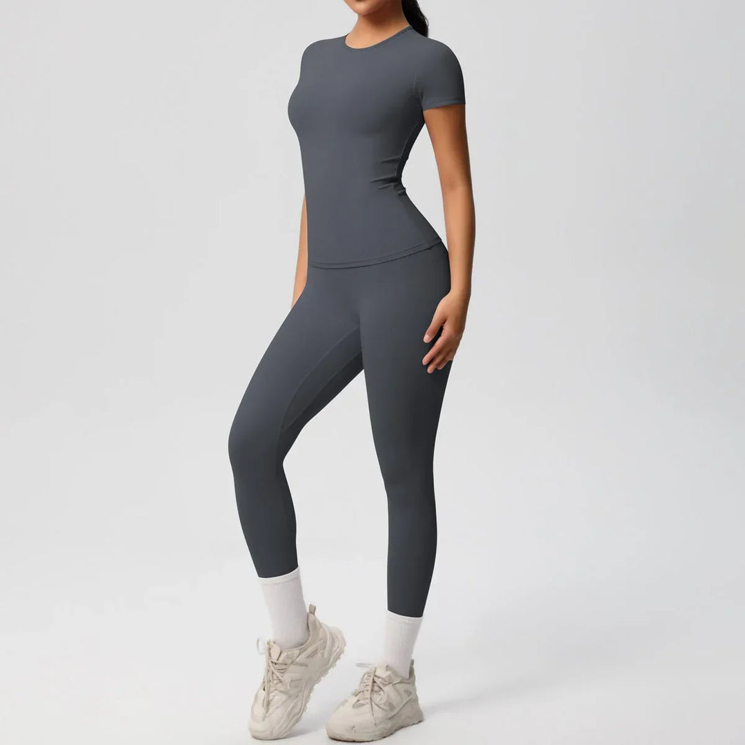 Skin-friendly Sports Set - European and American Style, Solid Color T-shirt, Stretchable Yoga Pants, High Waist Workout Suit for Women - Allen-Fitness