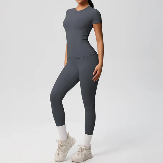 Skin-friendly Sports Set - European and American Style, Solid Color T-shirt, Stretchable Yoga Pants, High Waist Workout Suit for Women - Allen-Fitness