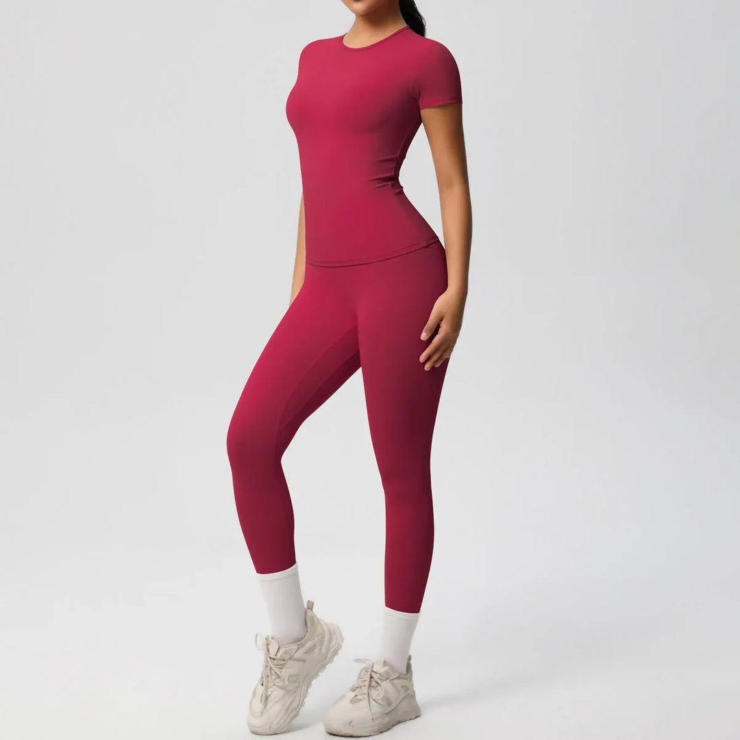 Skin-friendly Sports Set - European and American Style, Solid Color T-shirt, Stretchable Yoga Pants, High Waist Workout Suit for Women - Allen-Fitness