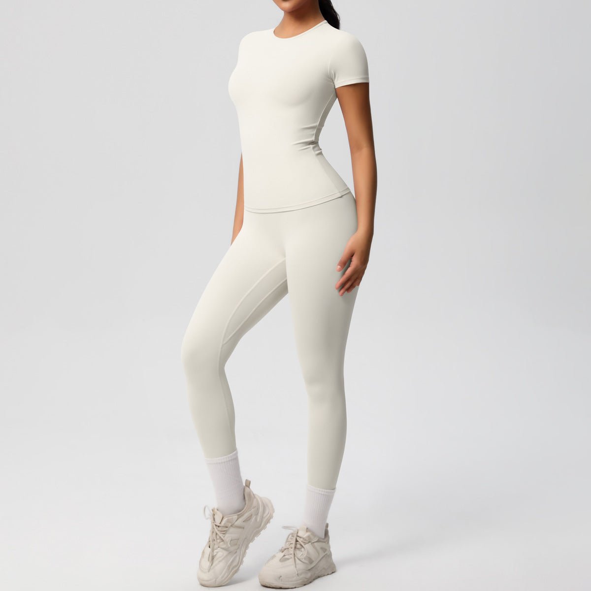 Skin - friendly Sports Set - European and American Style, Solid Color T-shirt, Stretchable Yoga Pants, High Waist Workout Suit for Women - Allen - Fitness