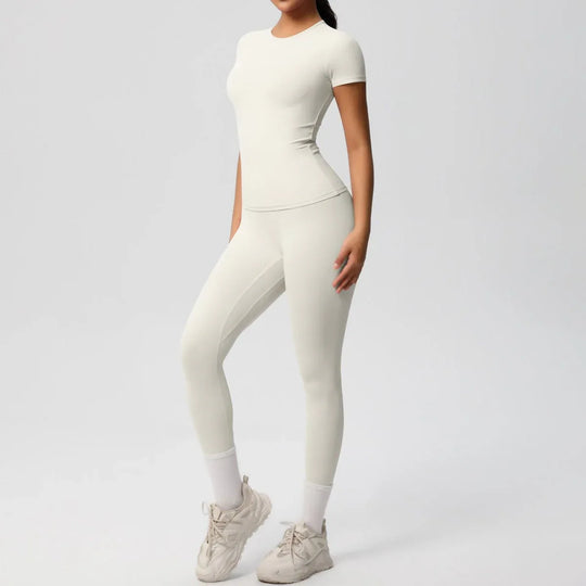 Skin-friendly Sports Set - European and American Style, Solid Color T-shirt, Stretchable Yoga Pants, High Waist Workout Suit for Women - Allen-Fitness