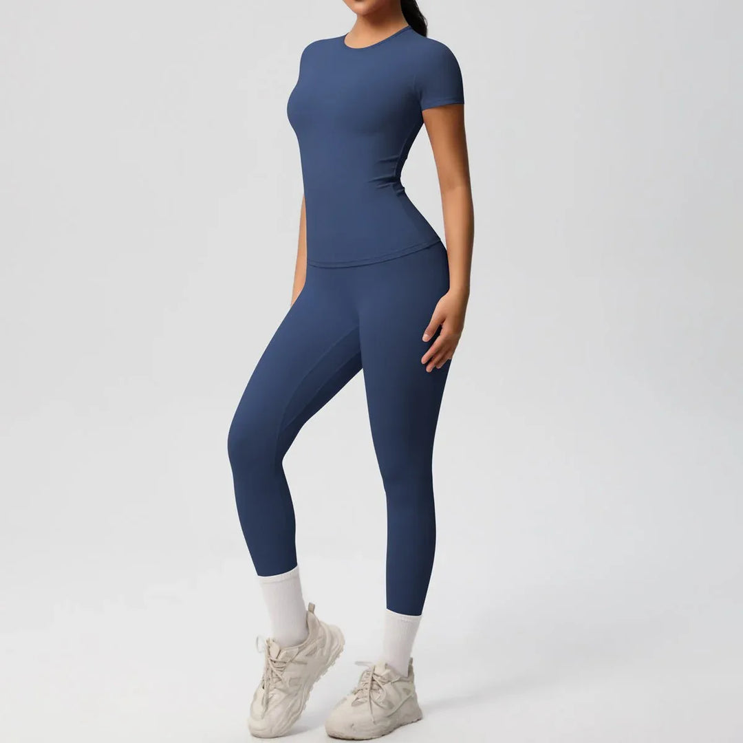 Skin-friendly Sports Set - European and American Style, Solid Color T-shirt, Stretchable Yoga Pants, High Waist Workout Suit for Women - Allen-Fitness