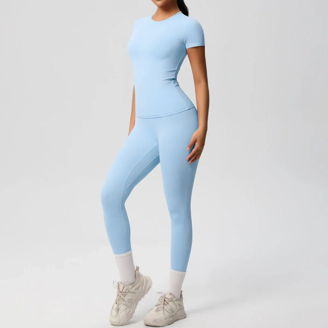 Skin-friendly Sports Set - European and American Style, Solid Color T-shirt, Stretchable Yoga Pants, High Waist Workout Suit for Women - Allen-Fitness