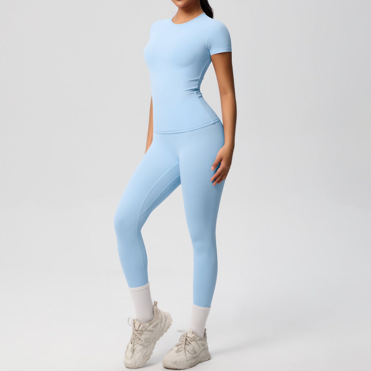 Skin - friendly Sports Set - European and American Style, Solid Color T-shirt, Stretchable Yoga Pants, High Waist Workout Suit for Women - Allen - Fitness