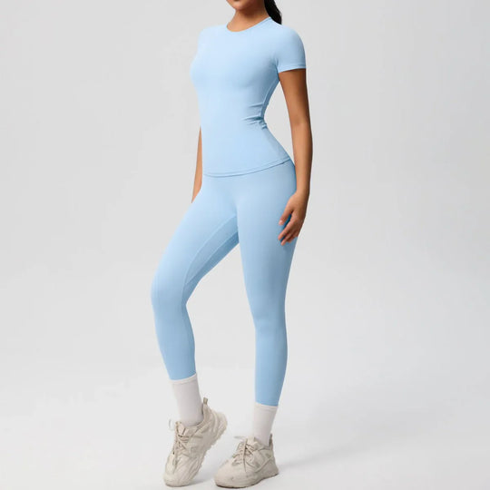 Skin-friendly Sports Set - European and American Style, Solid Color T-shirt, Stretchable Yoga Pants, High Waist Workout Suit for Women - Allen-Fitness