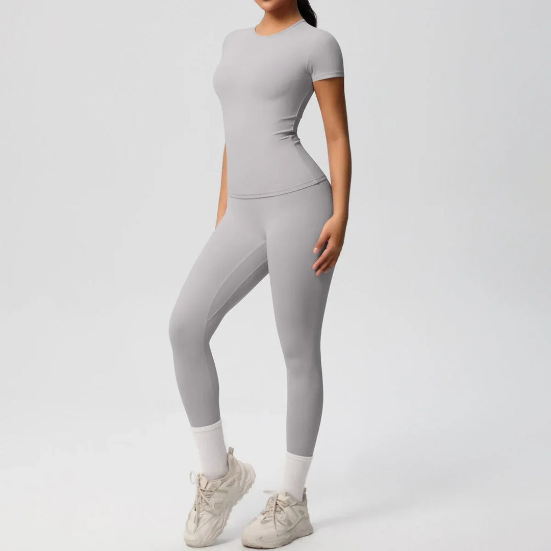 Skin-friendly Sports Set - European and American Style, Solid Color T-shirt, Stretchable Yoga Pants, High Waist Workout Suit for Women - Allen-Fitness