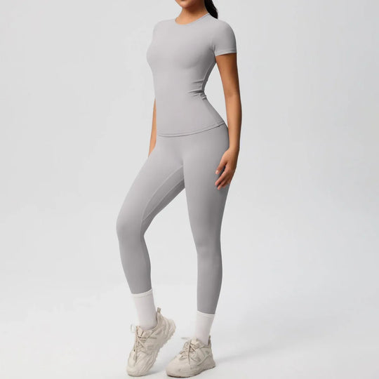 Skin-friendly Sports Set - European and American Style, Solid Color T-shirt, Stretchable Yoga Pants, High Waist Workout Suit for Women - Allen-Fitness