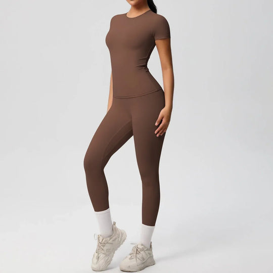 Skin-friendly Sports Set - European and American Style, Solid Color T-shirt, Stretchable Yoga Pants, High Waist Workout Suit for Women - Allen-Fitness