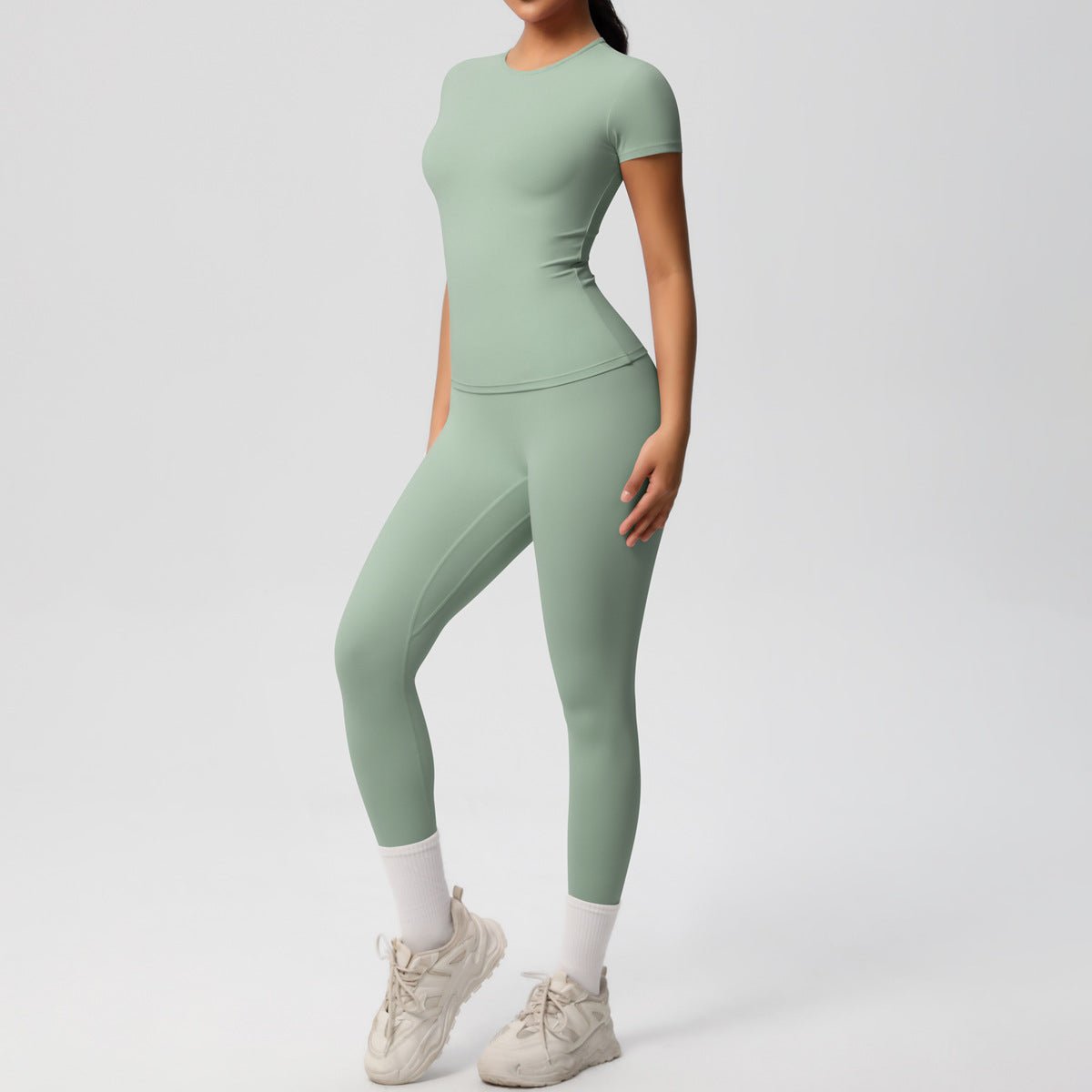 Skin - friendly Sports Set - European and American Style, Solid Color T-shirt, Stretchable Yoga Pants, High Waist Workout Suit for Women - Allen - Fitness