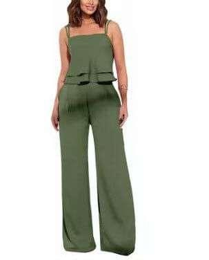 Sleeveless Fashion Suit: Ruffles Top &amp; Straight-Leg Pants, Solid Color Options S-XXL - Allen-Fitness