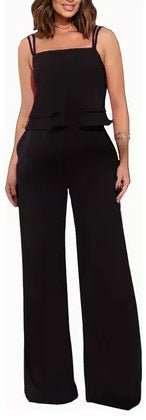 Sleeveless Fashion Suit: Ruffles Top &amp; Straight-Leg Pants, Solid Color Options S-XXL - Allen-Fitness
