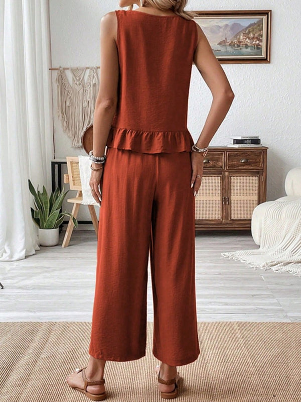 Women's Ruffle Hem Sleeveless Tank & Wide Leg Trousers Two-Piece Set | Terracotta | S–XL