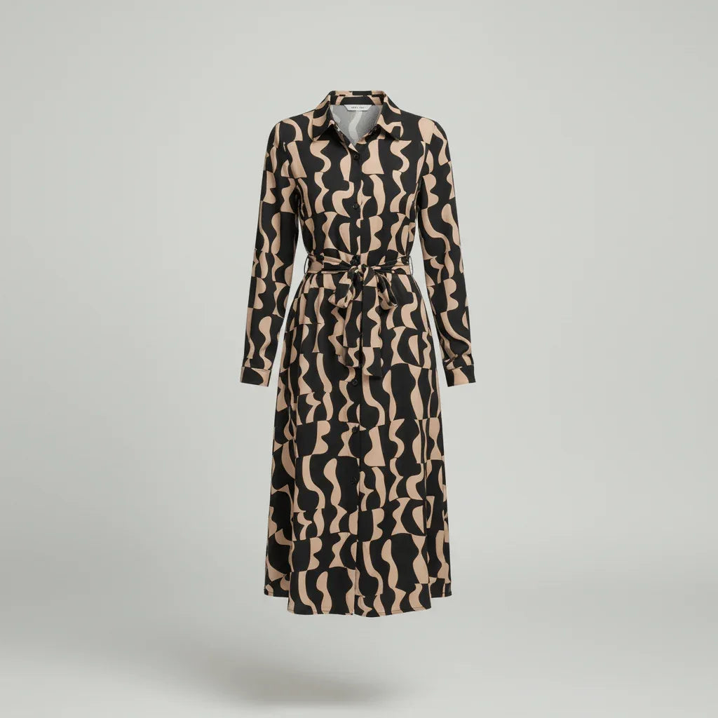 Slim-Fit Elegant Dress with Geometric Pattern and Lace Details - High Waist A-Line Skirt - Allen-Fitness