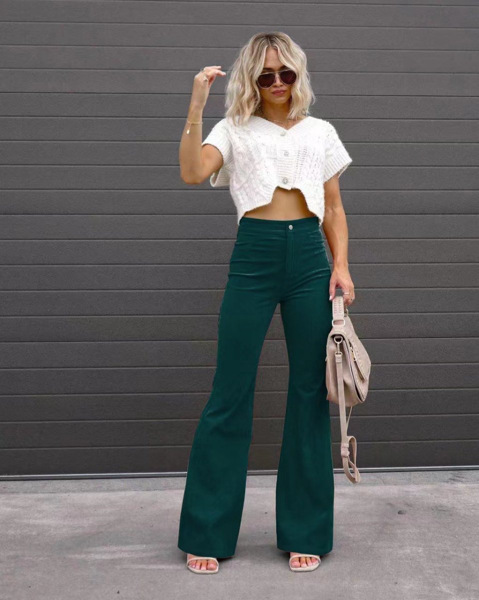 Solid Color Mid-waist Slim-fit Micro Flared Pants Corduroy - Allen-Fitness