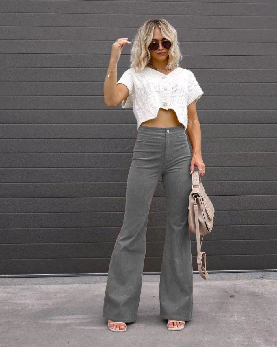 Solid Color Mid-waist Slim-fit Micro Flared Pants Corduroy - Allen-Fitness