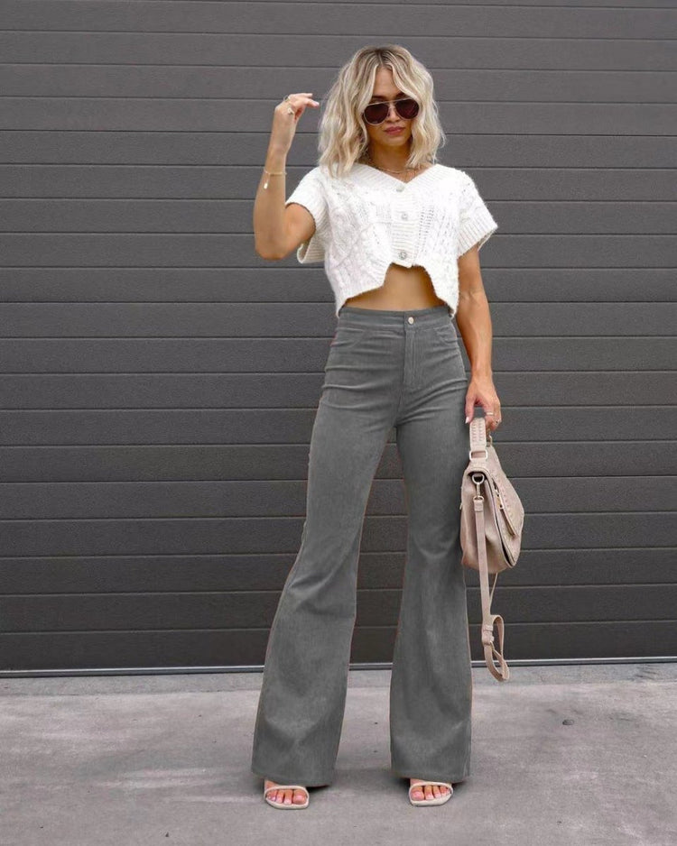 Solid Color Mid-waist Slim-fit Micro Flared Pants Corduroy - Allen-Fitness