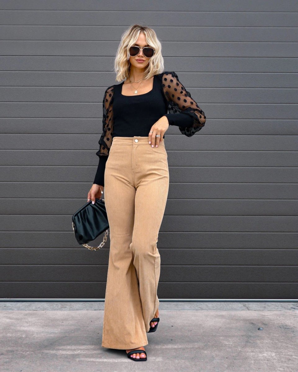 Solid Color Mid-waist Slim-fit Micro Flared Pants Corduroy - Allen-Fitness