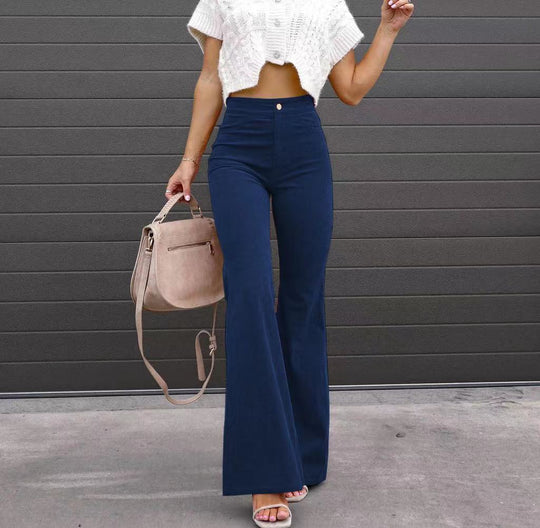 Solid Color Mid-waist Slim-fit Micro Flared Pants Corduroy - Allen-Fitness