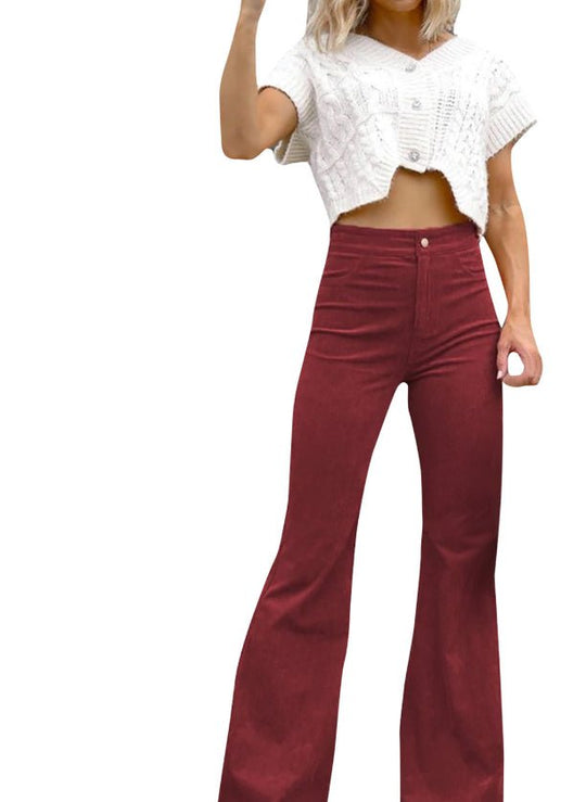 Solid Color Mid-waist Slim-fit Micro Flared Pants Corduroy - Allen-Fitness