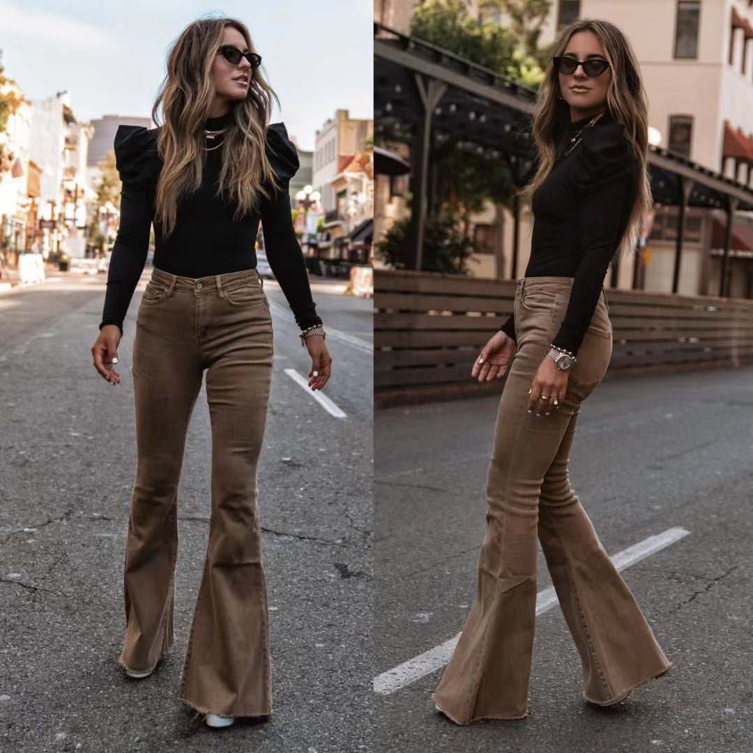 Solid Color Mid-waist Slim-fit Micro Flared Pants Corduroy - Allen-Fitness