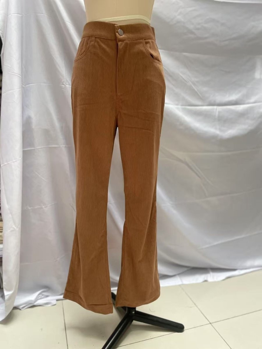 Solid Color Mid-waist Slim-fit Micro Flared Pants Corduroy - Allen-Fitness
