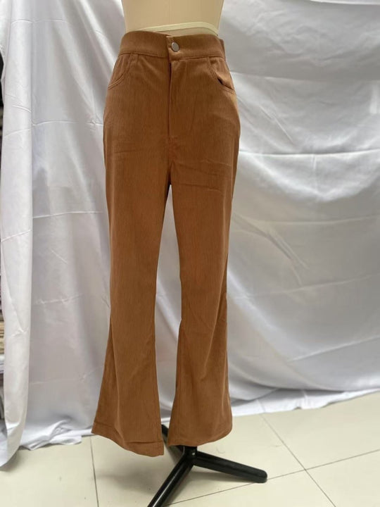 Solid Color Mid-waist Slim-fit Micro Flared Pants Corduroy - Allen-Fitness
