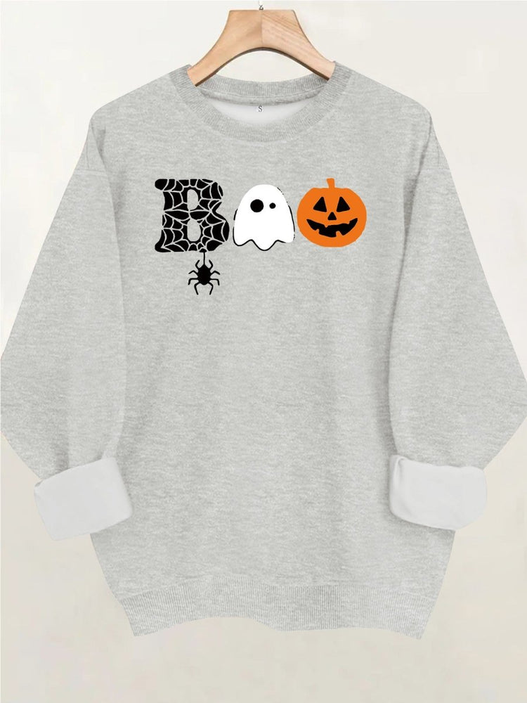 Spider web pumpkin print round neck fleece hoodie - Premium Fitness & Activewear