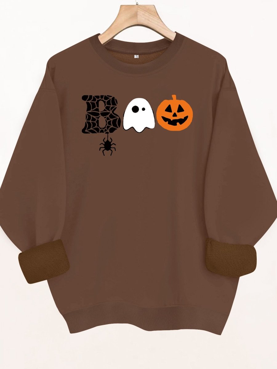 Spider web pumpkin print round neck fleece hoodie - Premium Fitness & Activewear