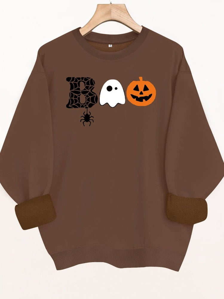 Spider web pumpkin print round neck fleece hoodie - Premium Fitness & Activewear