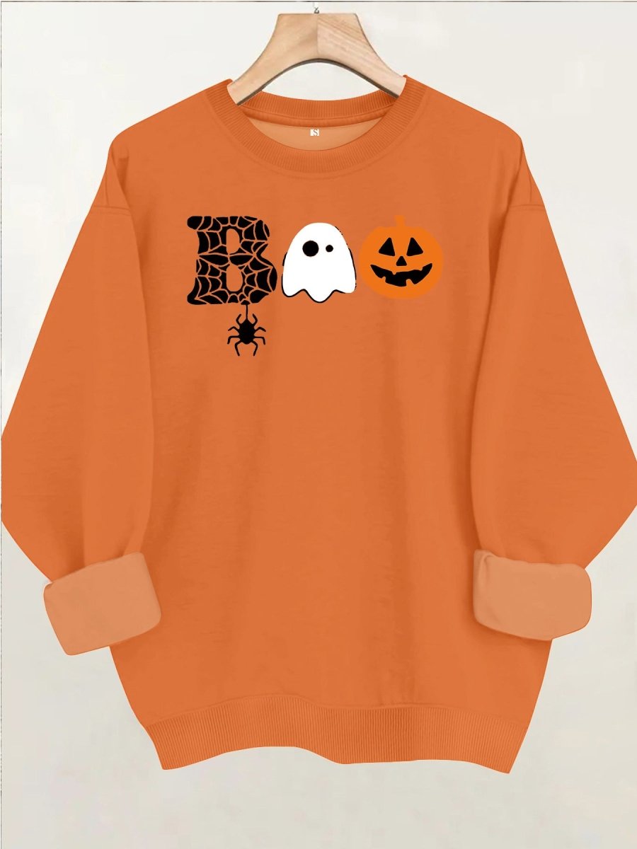 Spider web pumpkin print round neck fleece hoodie - Premium Fitness & Activewear