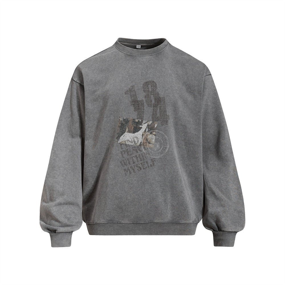Street Punk Casual Vintage Distressed Letter Washed Long Sleeve Crew Neck Sweatshirt - Premium Fitness & Activewear