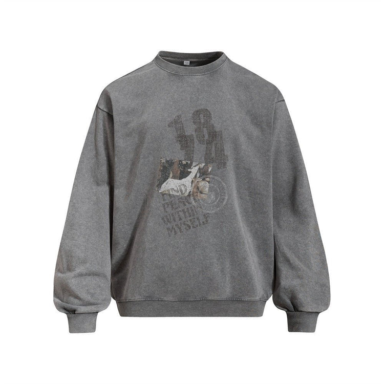 Street Punk Casual Vintage Distressed Letter Washed Long Sleeve Crew Neck Sweatshirt - Premium Fitness & Activewear