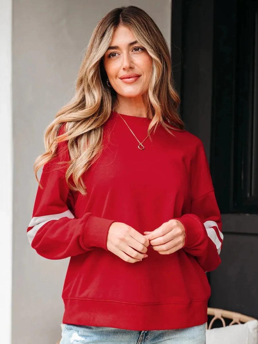 Stripe Round Neck Long Sleeve Sweatshirt - Premium Fitness &amp; Activewear for Men &amp; Women|UK