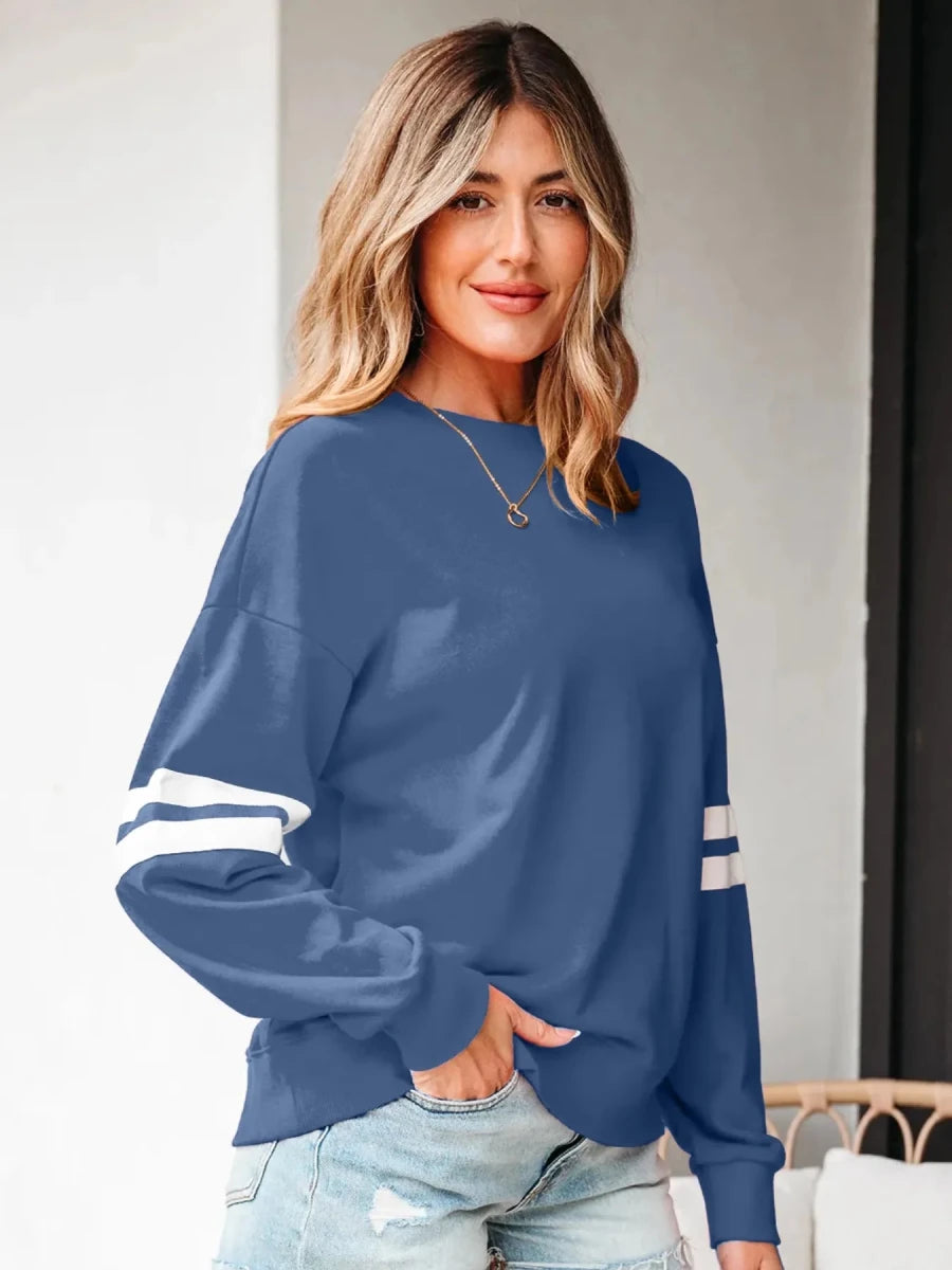Stripe Round Neck Long Sleeve Sweatshirt - Premium Fitness &amp; Activewear for Men &amp; Women|UK