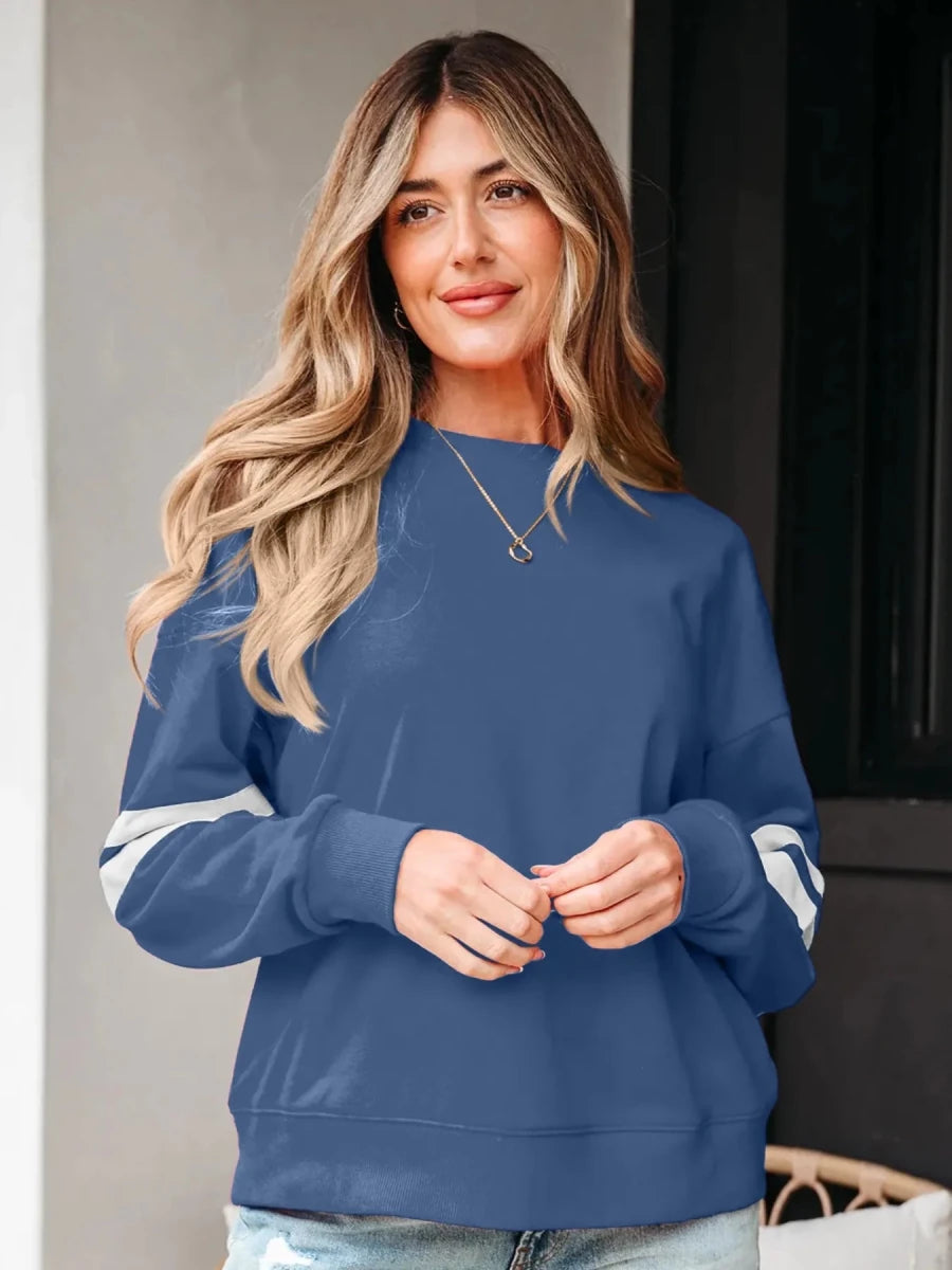 Stripe Round Neck Long Sleeve Sweatshirt - Premium Fitness &amp; Activewear for Men &amp; Women|UK