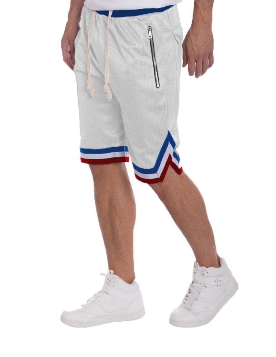 White shorts with blue and red accents worn by a person on a white background