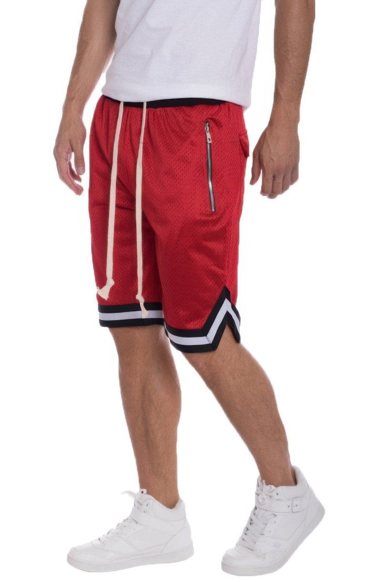 Red shorts with white drawstring and trim on a white background