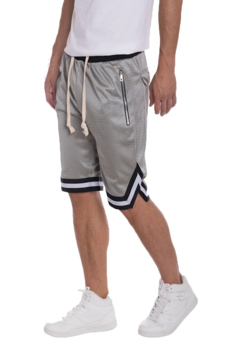A person wearing gray mesh basketball shorts with black and white trim, a black waistband, and a beige drawstring, paired with a white t-shirt against a plain white background.