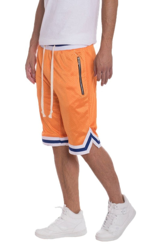 Orange shorts with white stripes and a zipper on a white background
