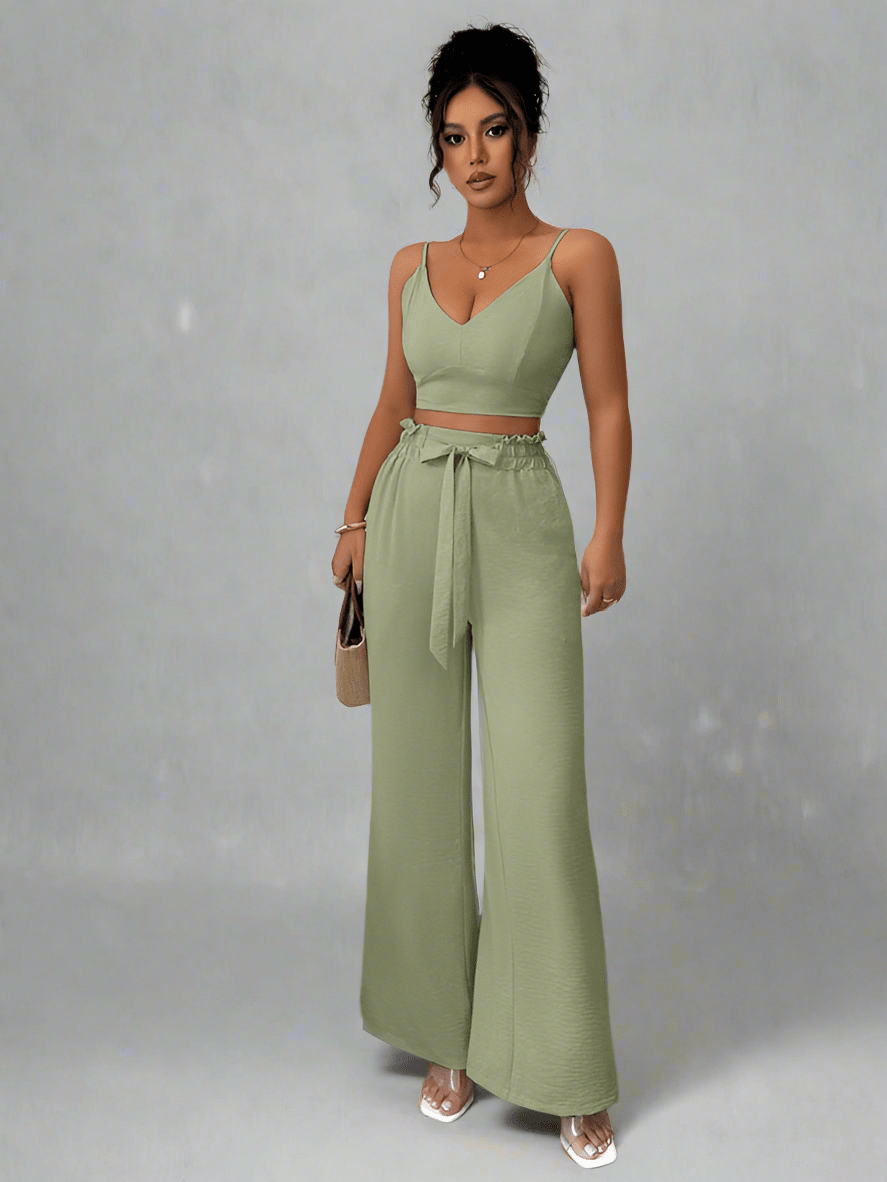 Stylish Green Suspender Vest With Wide Leg Pants - Two - Piece Set For Women - Allen - Fitness