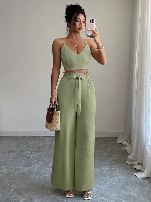 Women's Green Suspender Vest & Wide Leg Pants Two-Piece Set | S–XL