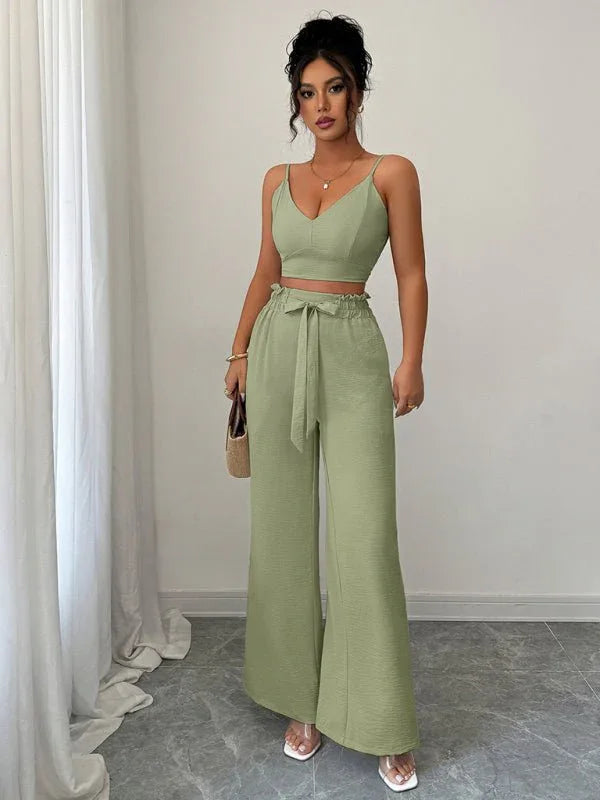 Stylish Green Suspender Vest With Wide Leg Pants - Two-Piece Set For Women - Allen-Fitness