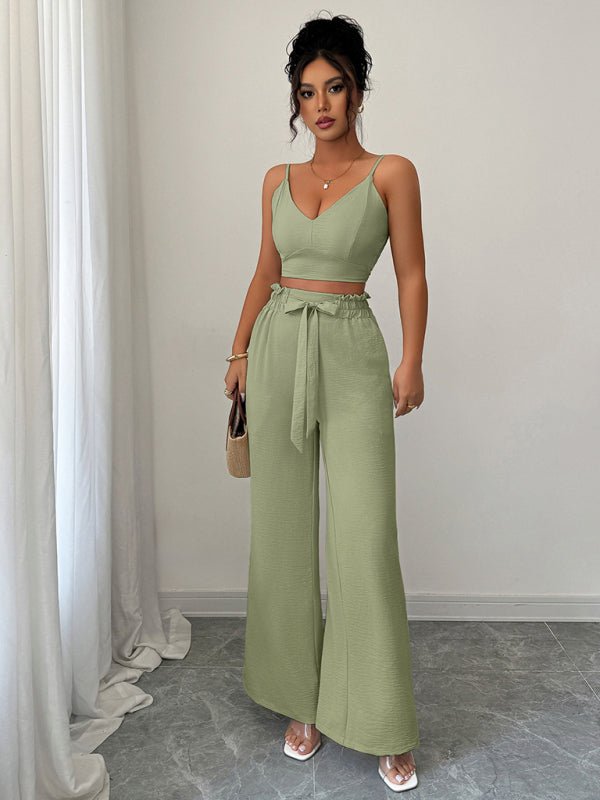 Stylish Green Suspender Vest With Wide Leg Pants - Two - Piece Set For Women - Allen - Fitness