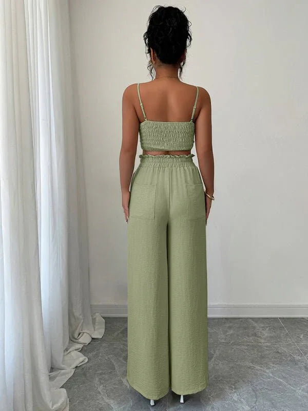 Stylish Green Suspender Vest With Wide Leg Pants - Two-Piece Set For Women - Allen-Fitness